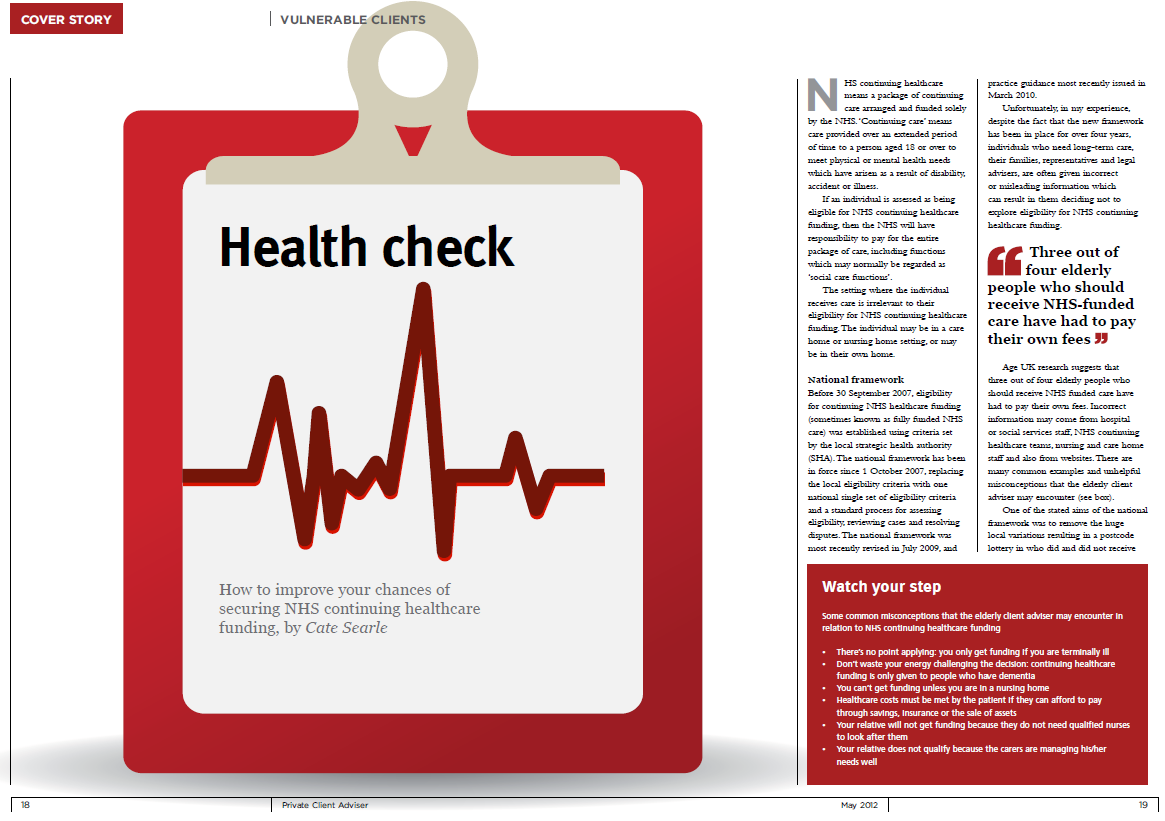 Private Client Adviser | Health Check: How to improve your chances of securing NHS continuing healthcare funding, by Cate Searle | Free PDF download
